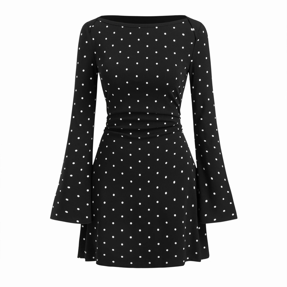 Cider COTTON-BLEND BOAT NECK POLKA DOT RUCHED BELL SLEEVE MINI DRESS wc11-17 XL